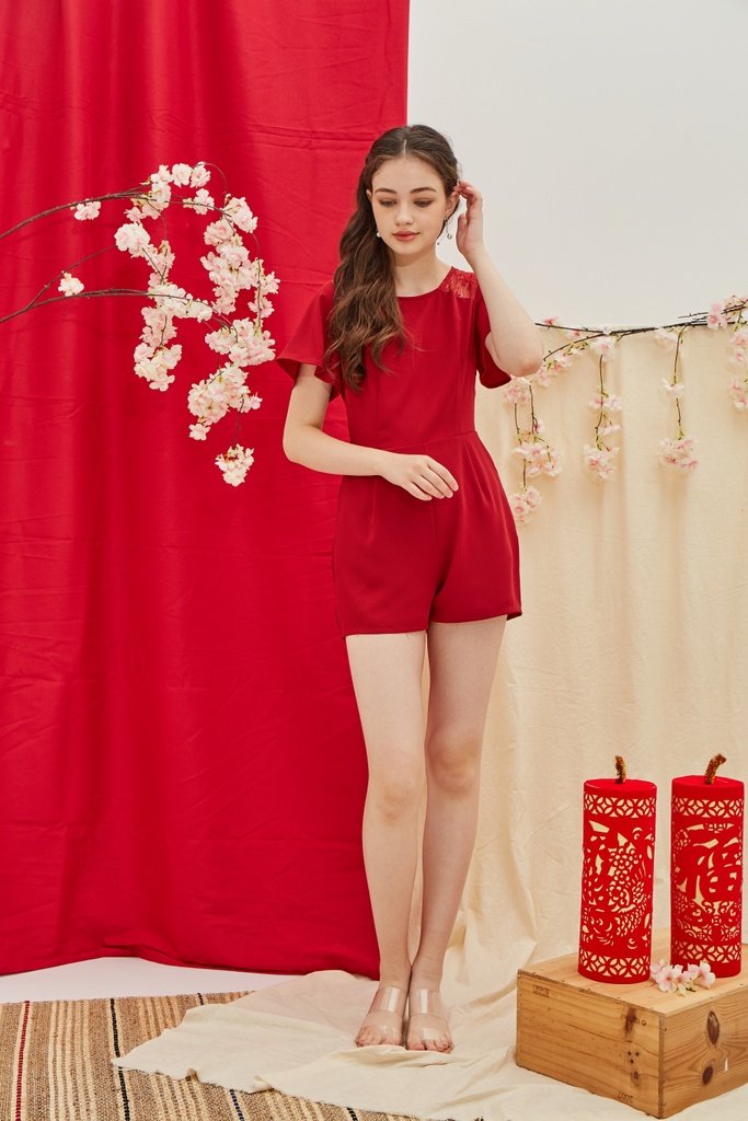 Izzy Lace Insert Pocket Romper in Red (XS)