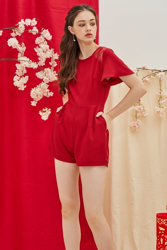 Izzy Lace Insert Pocket Romper in Red (XS)