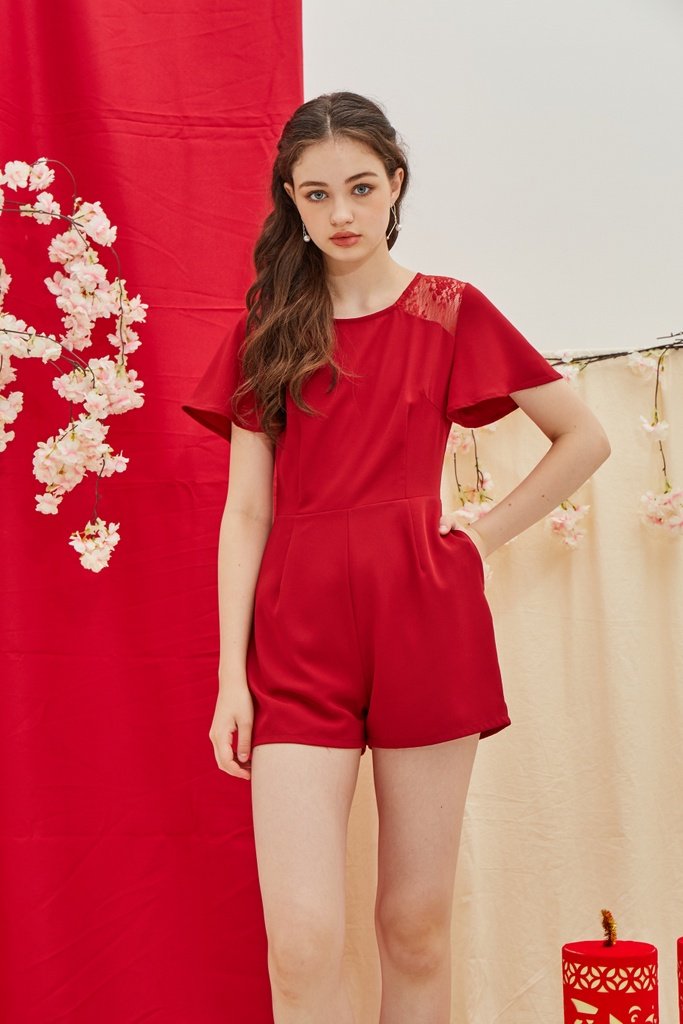 Izzy Lace Insert Pocket Romper in Red (XS)