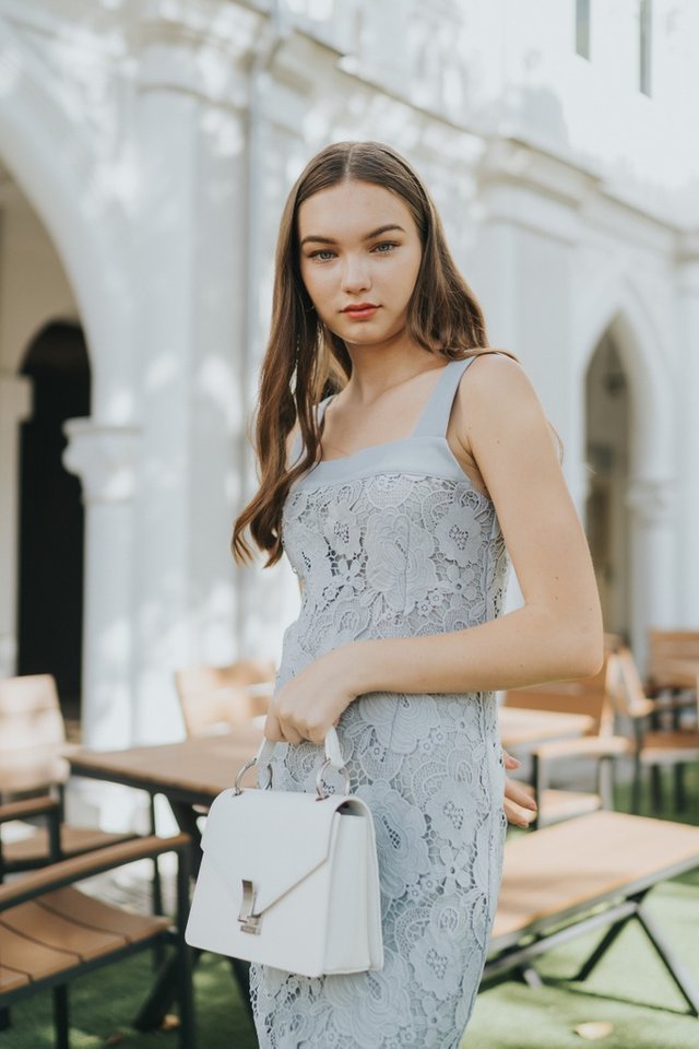 Alexa Premium Rose Crochet Dress in Ash Grey