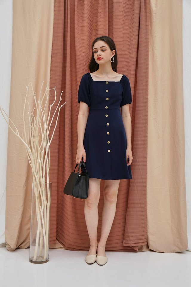 Dacey 2 Way Button Square Neck Dress in Navy (XS)