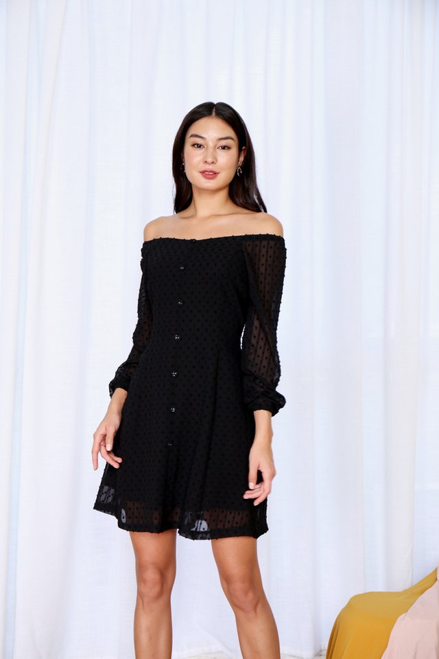 Baylee Elastic Shoulder Swiss Dots Dress in Black
