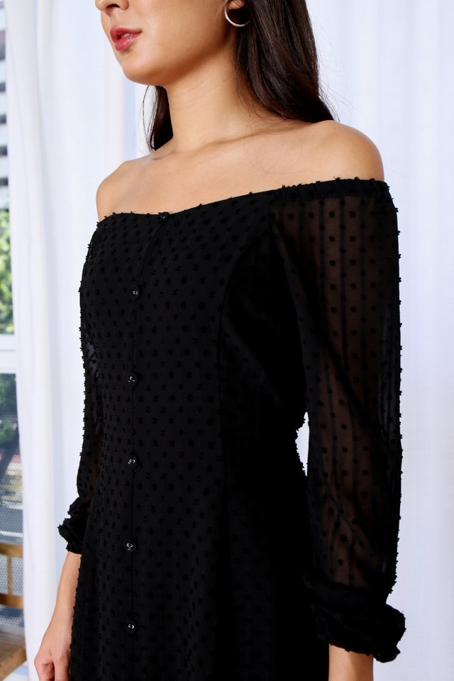 Baylee Elastic Shoulder Swiss Dots Dress in Black