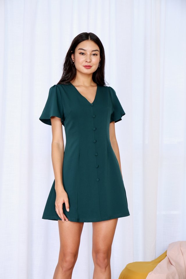 Jubilee Button V-Neck Dress in Forest (XS)