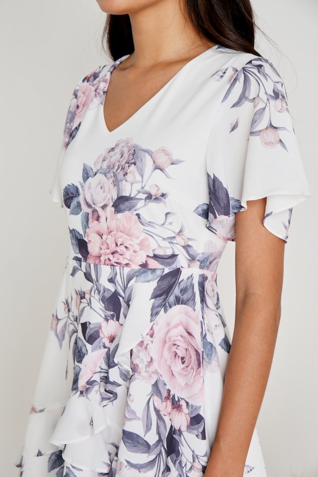 Mila Floral Signature Ruffles Dress in White (XS)