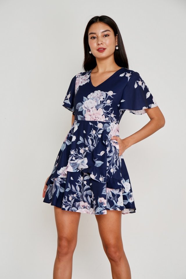 Mila Floral Signature Ruffles Dress in Navy (XS)
