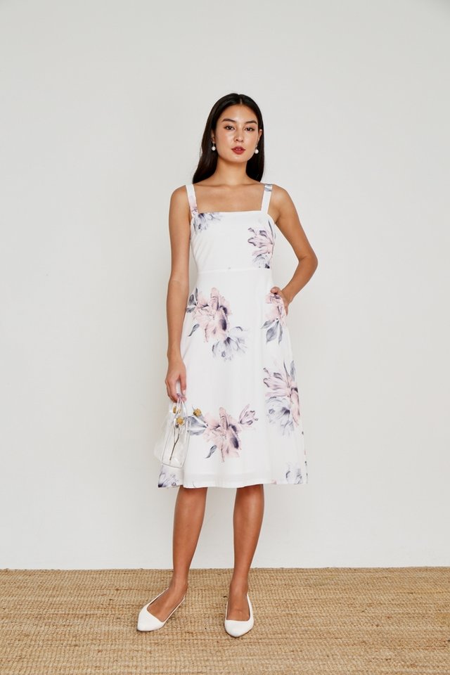 Heather Floral Flare Midi Dress in White