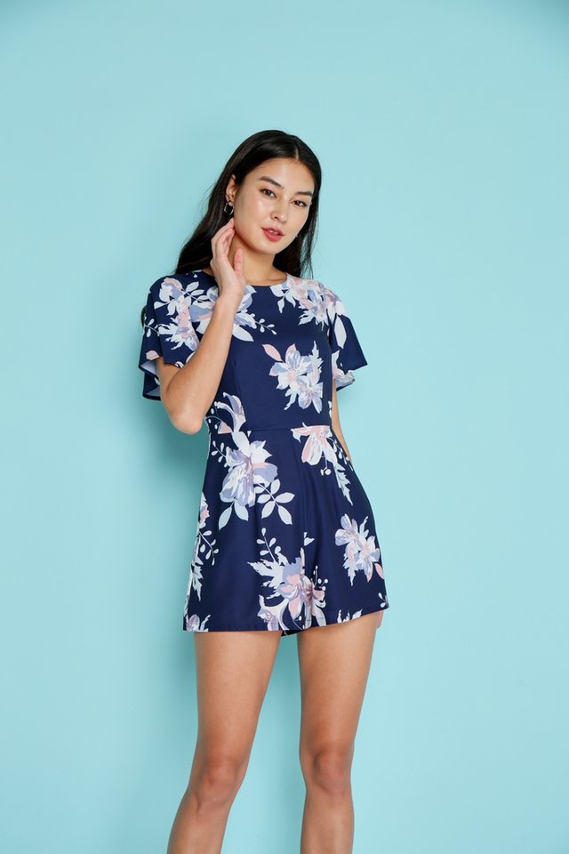 Everly Abstract Floral Romper in Navy (XS)