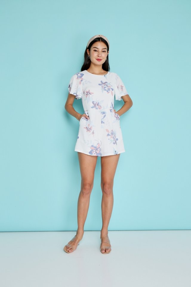 Everly Abstract Floral Romper in White