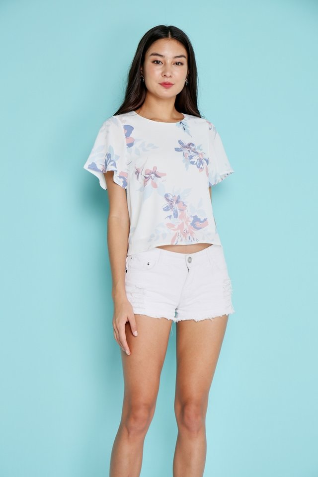 Zaria Abstract Floral Sleeved Top in White