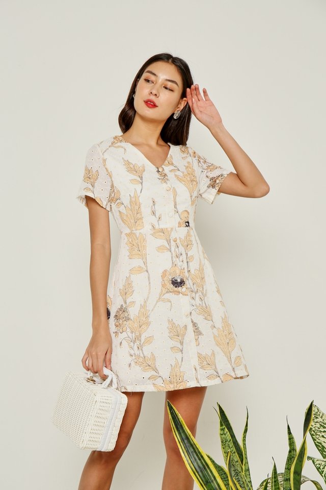 Tiana Floral Button Eyelet Dress in Mustard (XS)