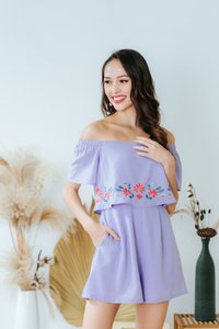Ellery Floral Embroidery Off-Shoulder Romper in Lilac (XS)