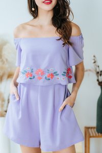 Ellery Floral Embroidery Off-Shoulder Romper in Lilac (XS)