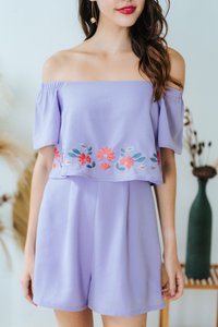 Ellery Floral Embroidery Off-Shoulder Romper in Lilac (XS)