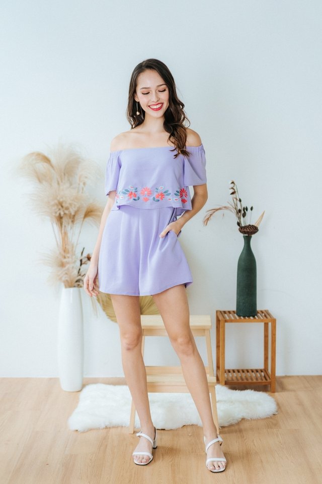 Ellery Floral Embroidery Off-Shoulder Romper in Lilac (XS)
