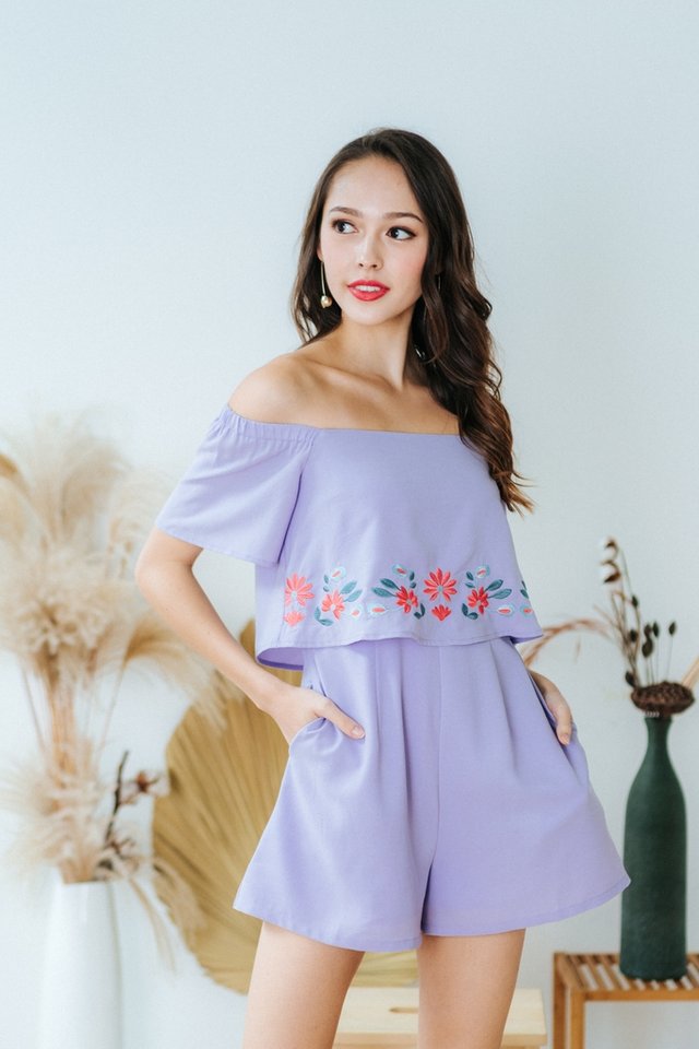 Ellery Floral Embroidery Off-Shoulder Romper in Lilac (XS)