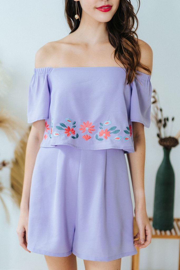 Ellery Floral Embroidery Off-Shoulder Romper in Lilac (XS)