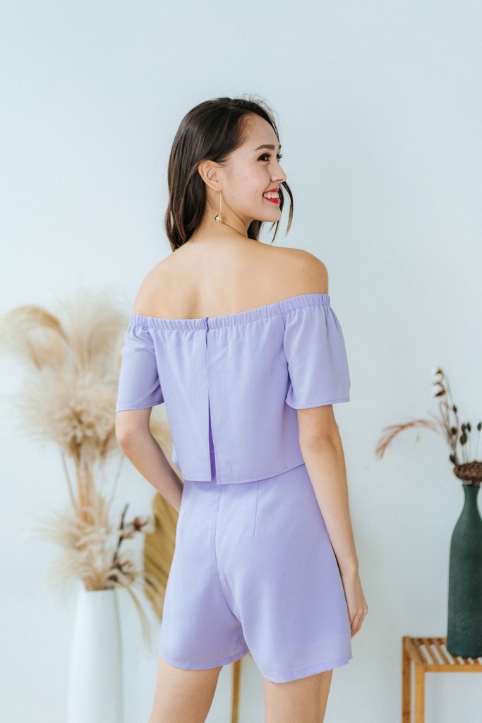 Ellery Floral Embroidery Off-Shoulder Romper in Lilac (XS)