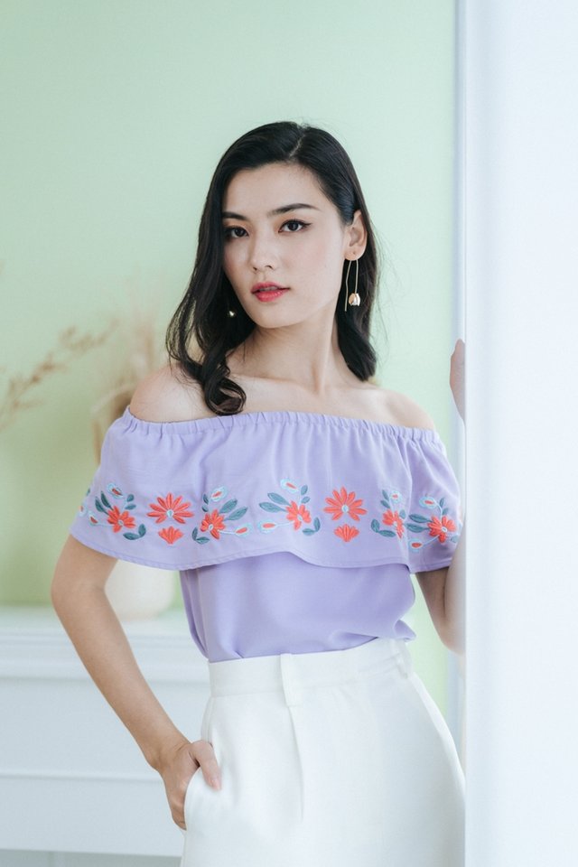 Ayla Floral Embroidery Off-Shoulder Top in Lilac (XS)