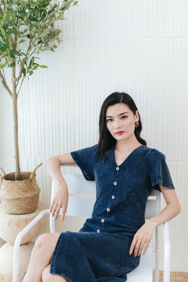Dara Button Denim Midi Dress in Dark Wash (XS)