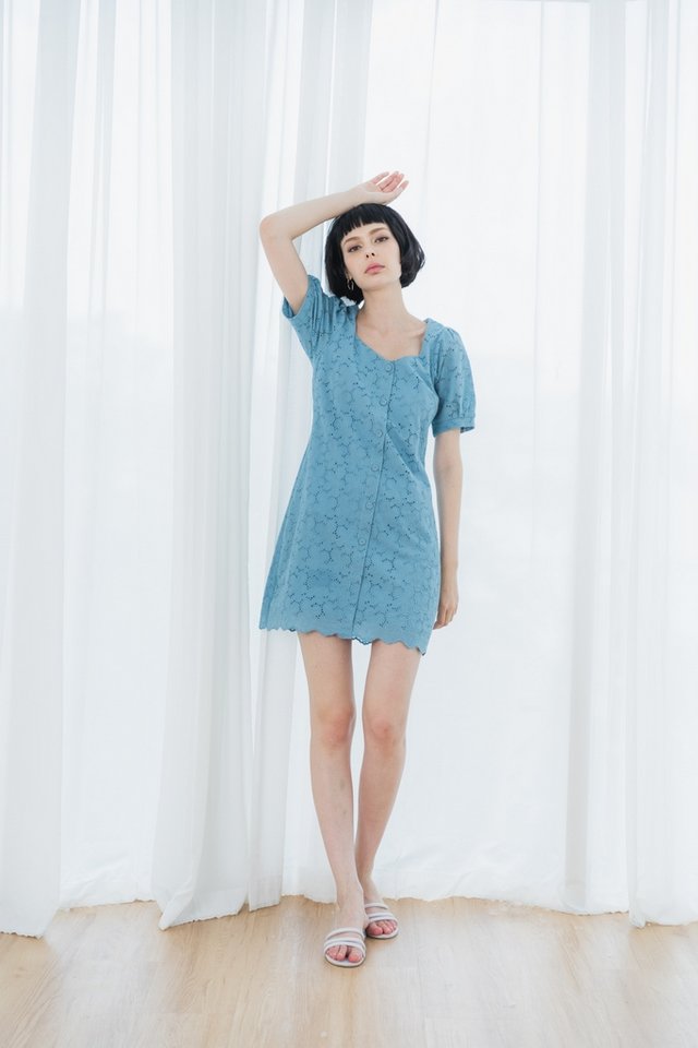 Jayana Eyelet Button Dress in Cornflower Blue (XS)
