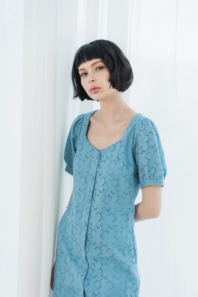 Jayana Eyelet Button Dress in Cornflower Blue (XS)