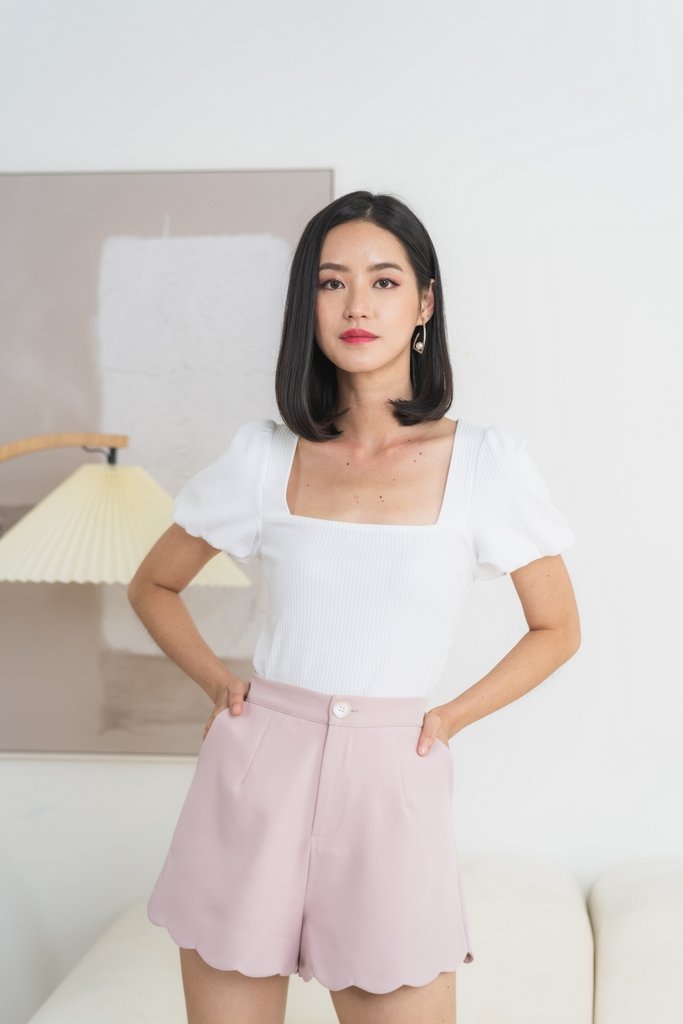 Janelia Ribbed Puffed Sleeves Top in White (M)