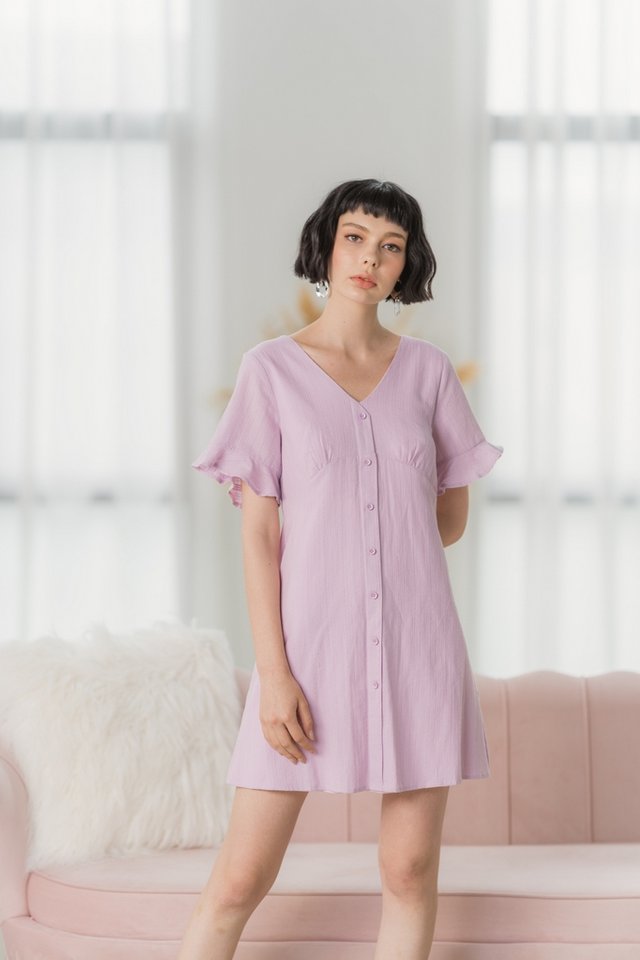 Edith Textured Flutter Sleeves Dress in Pink