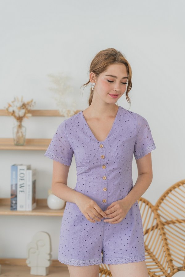 Grachelle Eyelet Button Romper in Lilac (XS)