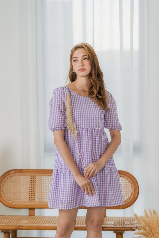 Asther Textured Gingham Babydoll Dress in Lilac