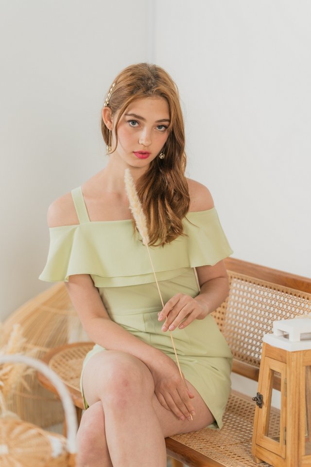 Darlyn Cold Shoulder Tiered Romper in Pastel Green