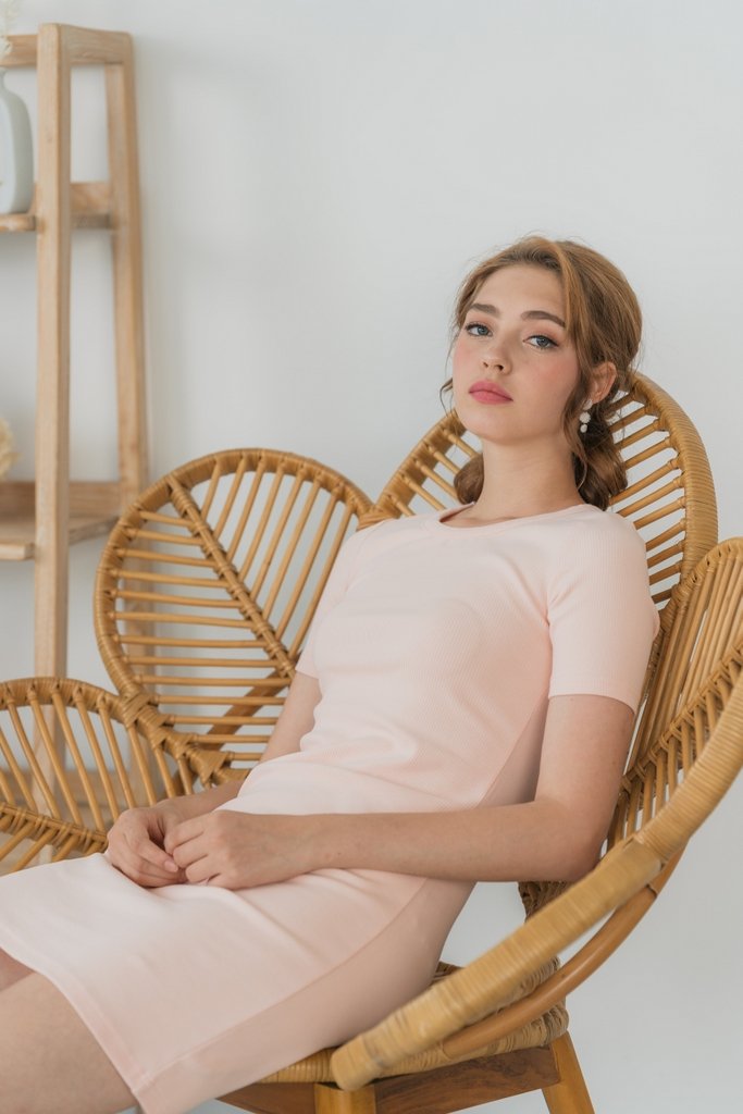 Arianna Ribbed Basic Dress in Blush (L)