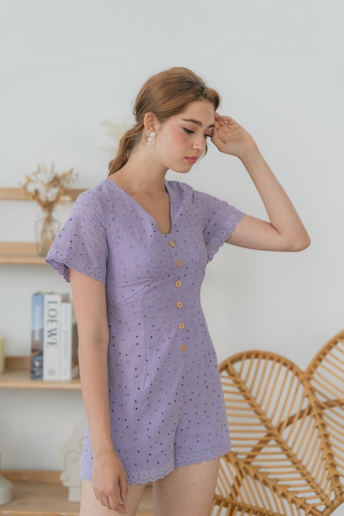 Grachelle Eyelet Button Romper in Lilac (XS)