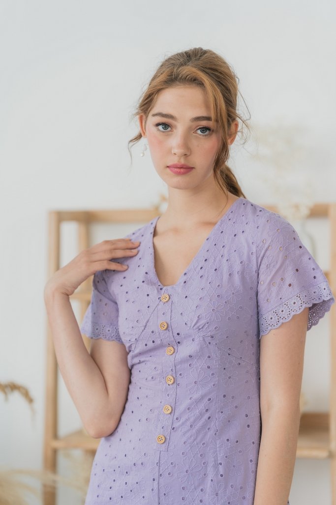 Grachelle Eyelet Button Romper in Lilac (XS)