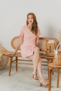 Kiera Button Overlap Romper in Pastel Pink (XS)
