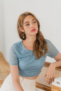 Erica Leafy Lace Crop Top in Sky Blue