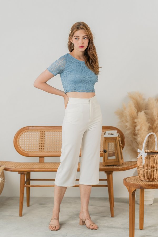 Erica Leafy Lace Crop Top in Sky Blue