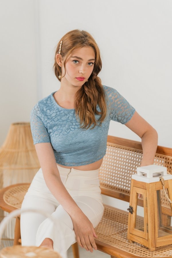 Erica Leafy Lace Crop Top in Sky Blue