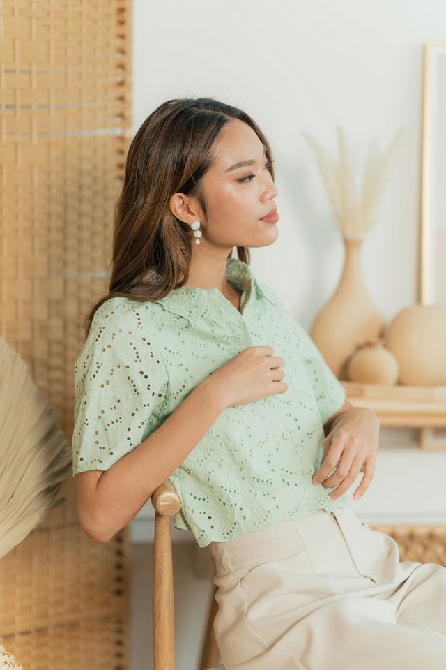 Leanna Eyelet Button Top in Apple Green