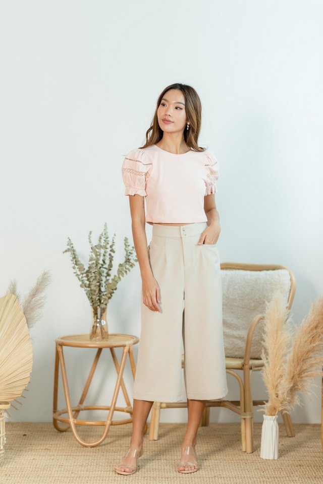 Gisella Lace Trim Ribbed Top in Blush Pink
