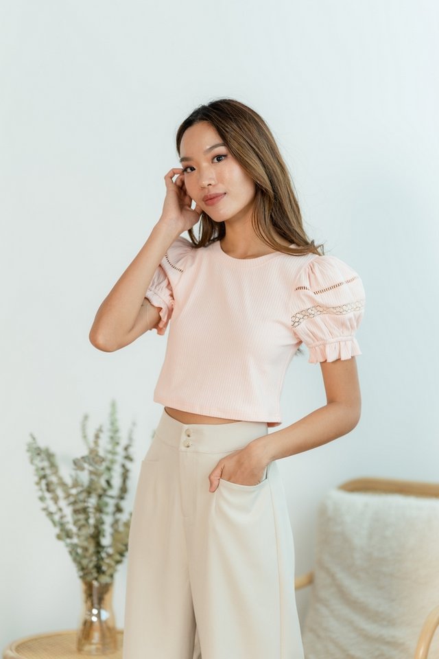 Gisella Lace Trim Ribbed Top in Blush Pink