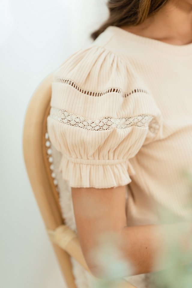 Gisella Lace Trim Ribbed Top in Sand