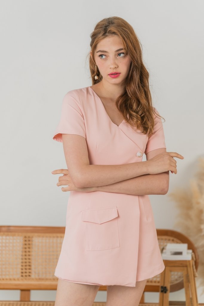 Kiera Button Overlap Romper in Pastel Pink (XS)