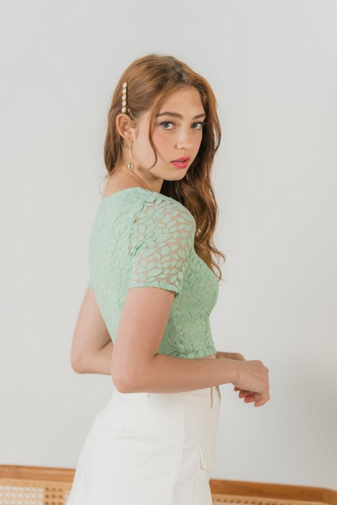 Erica Leafy Lace Crop Top in Sage
