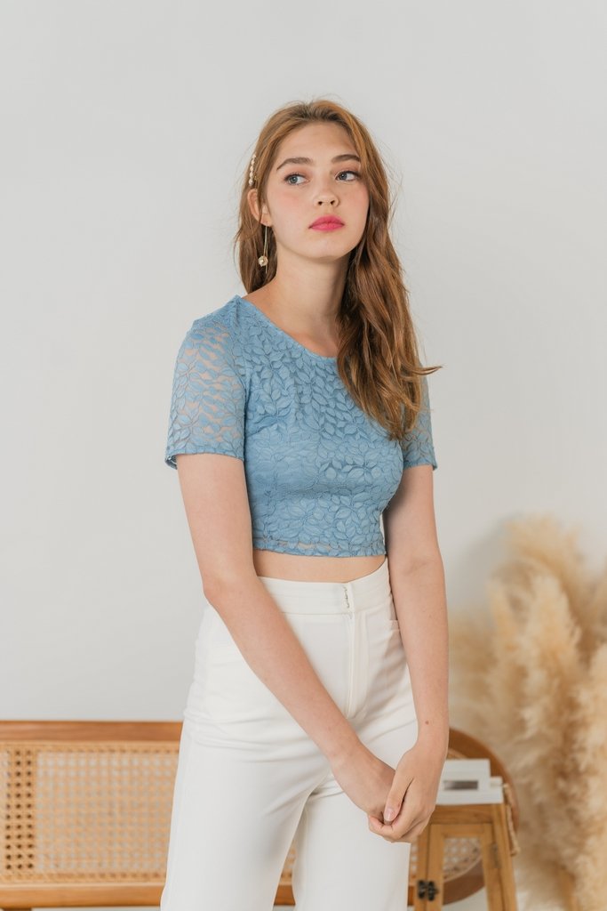 Erica Leafy Lace Crop Top in Sky Blue