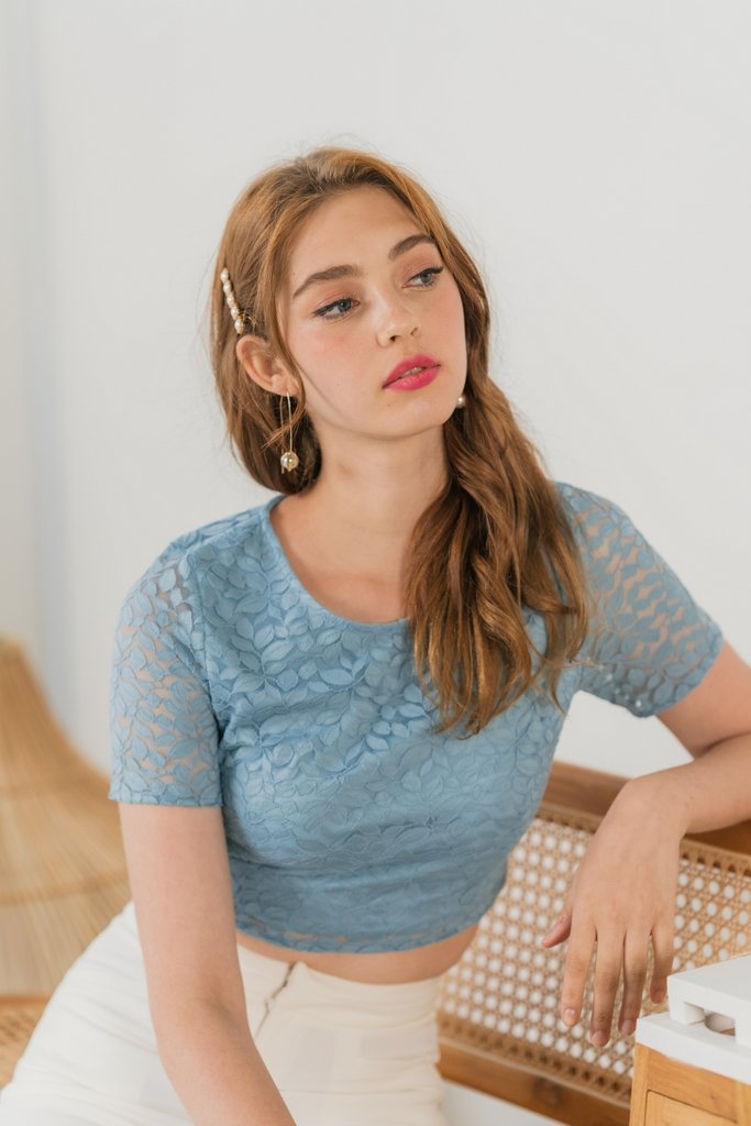 Erica Leafy Lace Crop Top in Sky Blue