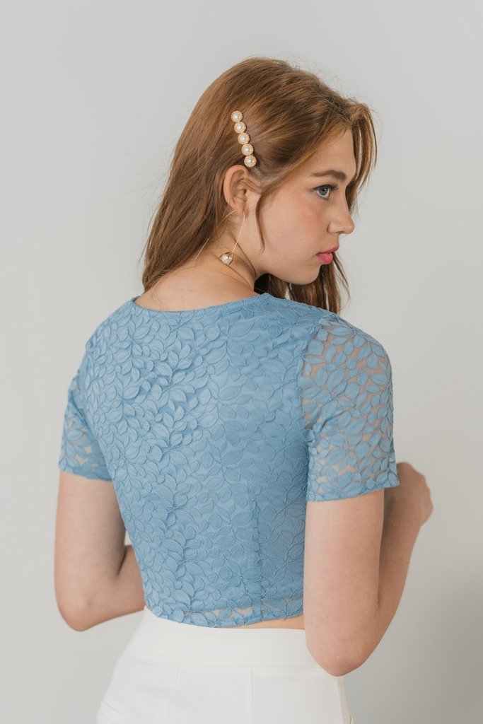 Erica Leafy Lace Crop Top in Sky Blue