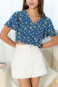Maia Floral Flare Sleeves Top in Blue (XS)