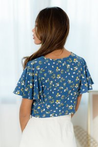 Maia Floral Flare Sleeves Top in Blue (XS)