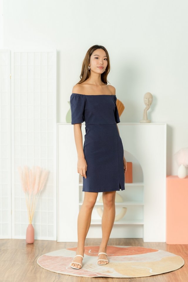 Selynn Two Way Ribbed Dress in Navy